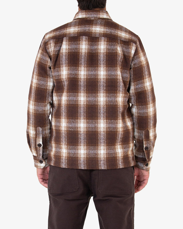 brown relaxed fit overshirt with yarn dyed check and chest branded label, quilted padded lining, wool and poly blend fabrication with light garment wash
