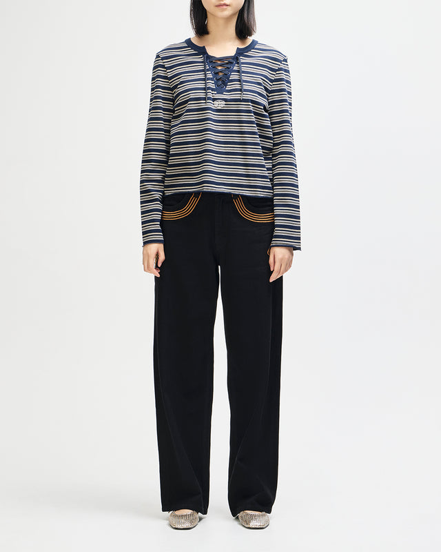 Stoppa Lace-Up Top - Navy Stripe