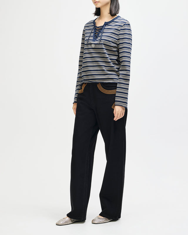 Stoppa Lace-Up Top - Navy Stripe