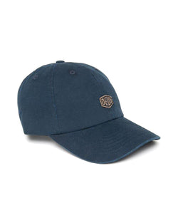 Navy 6 panel dad cap with front shield badge and self fabric adjuster, 100%  cotton twill with a heavy garment wash|Flatlay