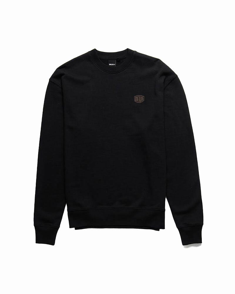Black regular fit classic raglan crew with chest embroidered shield badge, 380gm oe 100% cotton brushed back fleece fabrication with a garment wash|Flatlay