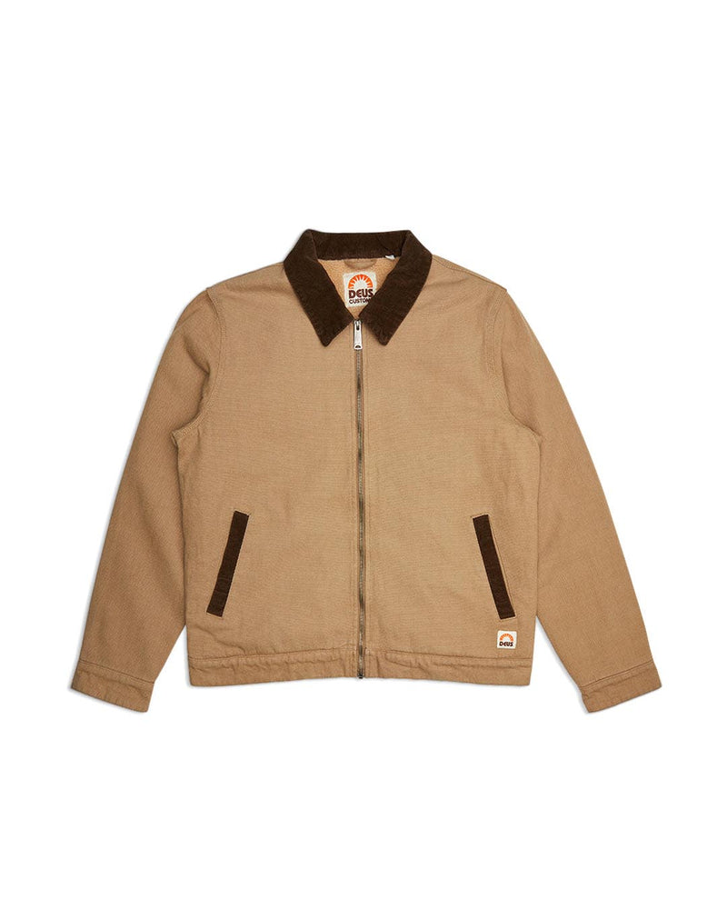tan regular fit jacket with branded woven label at hem, contrast corduroy collar and pockets, sherpa lining, 100% cotton canvas fabrication with a heavy stone wash|Flatlay