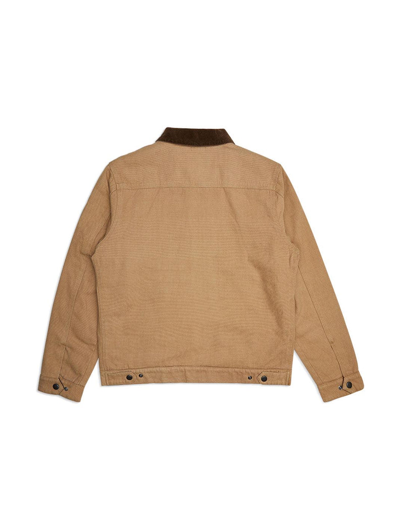 tan regular fit jacket with branded woven label at hem, contrast corduroy collar and pockets, sherpa lining, 100% cotton canvas fabrication with a heavy stone wash|Flatlay