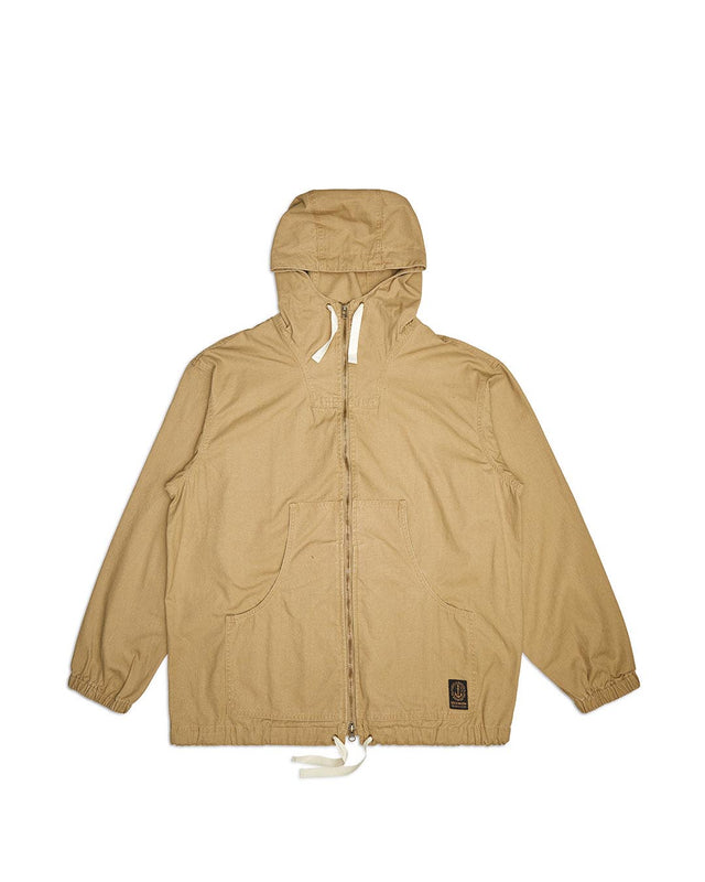 tan relaxed fit parka with elasticated cuffs and adjustable drawstring hem, large front pockets, two way zip opening, wind and rain resistant in a 100% cotton canvas fabrication with dry wax finish