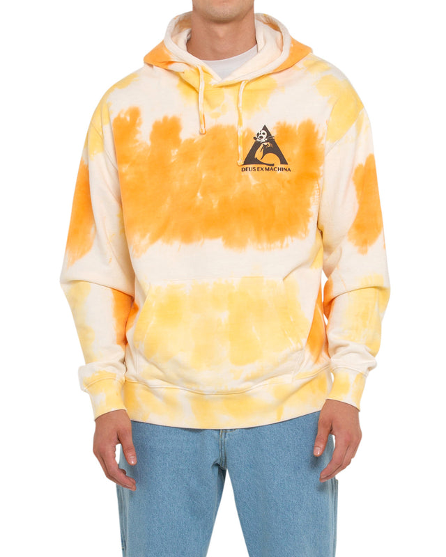 yellow oversized fit hoodie with all over tie dye, chest and back prints, 450gm 100% organic cotton brushed back rugby fleece fabrication with a heavy enzyme stone wash