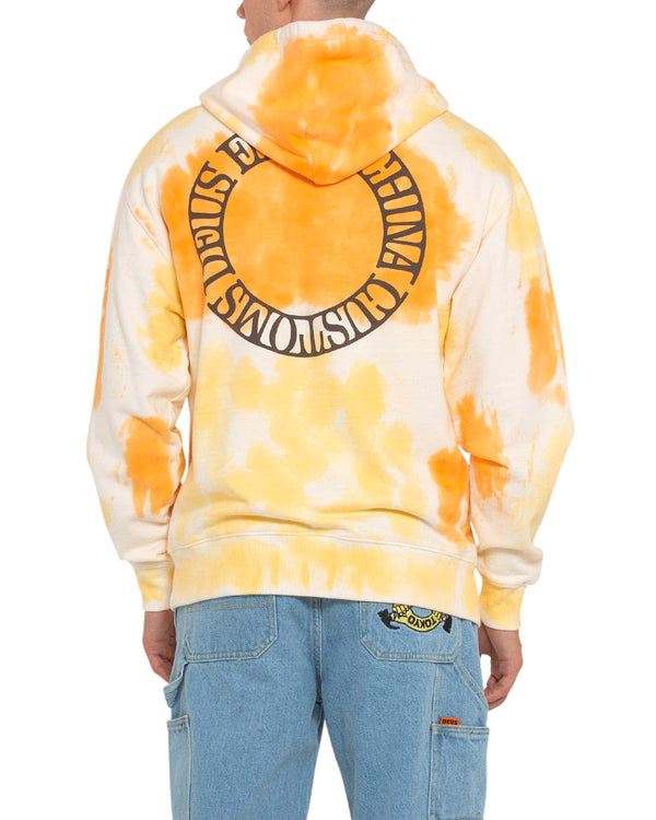 yellow oversized fit hoodie with all over tie dye, chest and back prints, 450gm 100% organic cotton brushed back rugby fleece fabrication with a heavy enzyme stone wash|Model