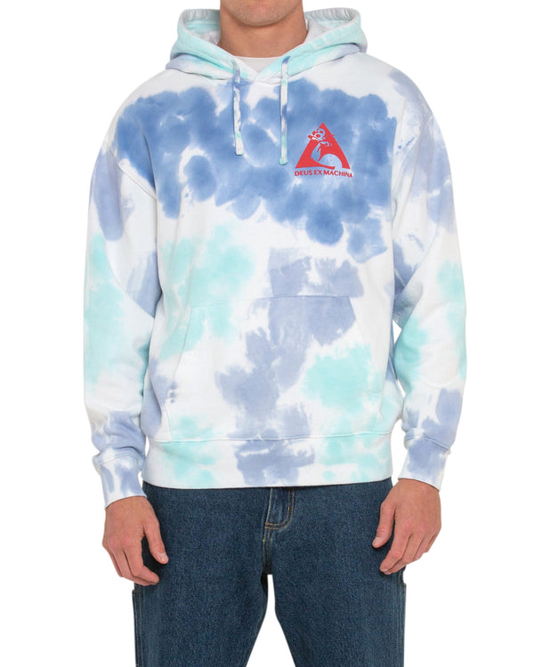 blue oversized fit hoodie with all over tie dye, chest and back prints, 450gm 100% organic cotton brushed back rugby fleece fabrication with a heavy enzyme stone wash|Model