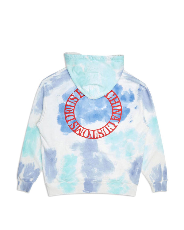 blue oversized fit hoodie with all over tie dye, chest and back prints, 450gm 100% organic cotton brushed back rugby fleece fabrication with a heavy enzyme stone wash|Flatlay