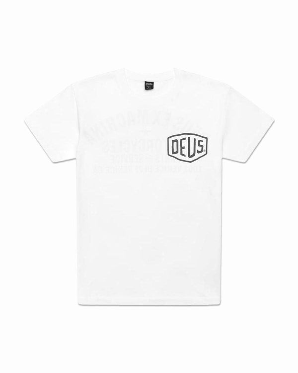 White regular fit t-shirt with chest art and address back print, 190gm oe 100% cotton jersey fabrication with a garment wash|Flatlay