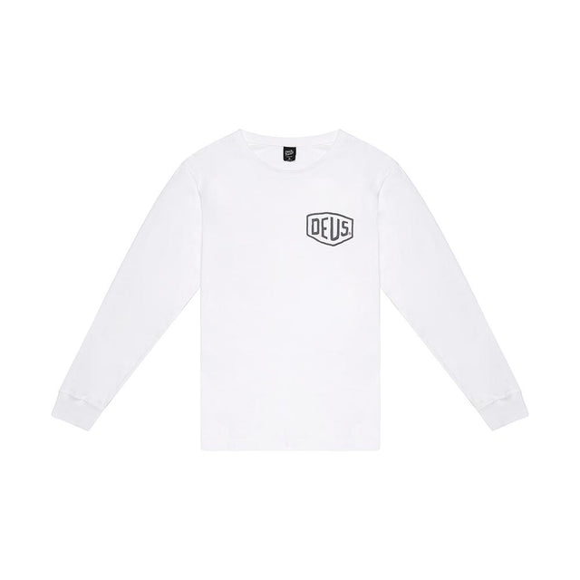 White regular fit classic l/s t-shirt with chest art and address back print, 190gm oe 100% cotton jersey fabrication with a garment wash