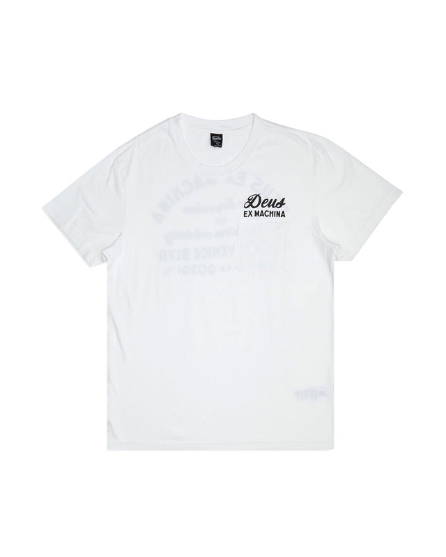 White regular fit pocket t-shirt with chest art and address back print, 190gm oe 100% cotton jersey fabrication with a garment wash