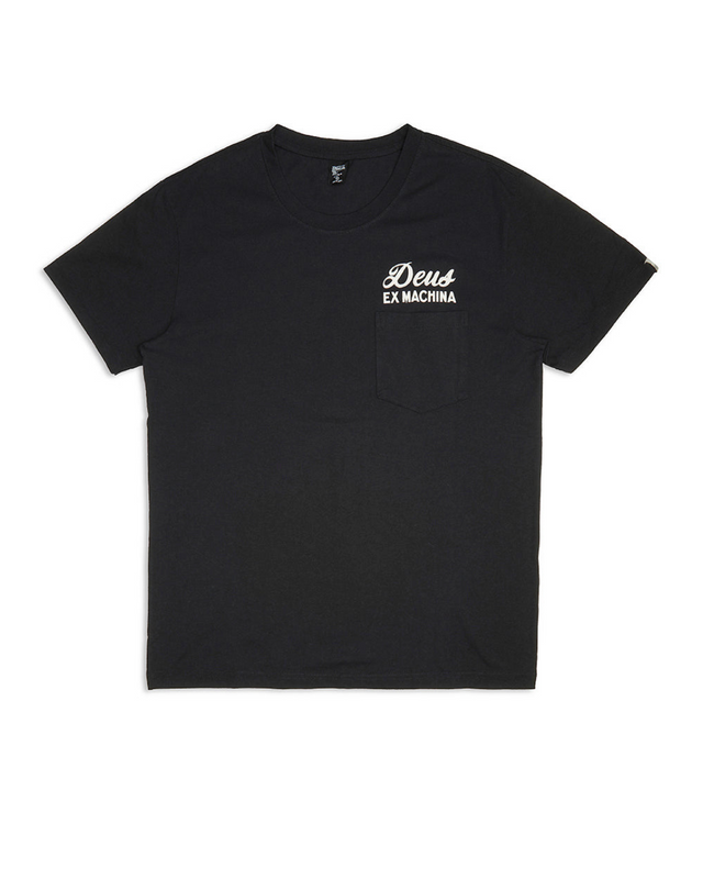 Black regular fit pocket t-shirt with chest art and address back print, 190gm oe 100% cotton jersey fabrication with a garment wash