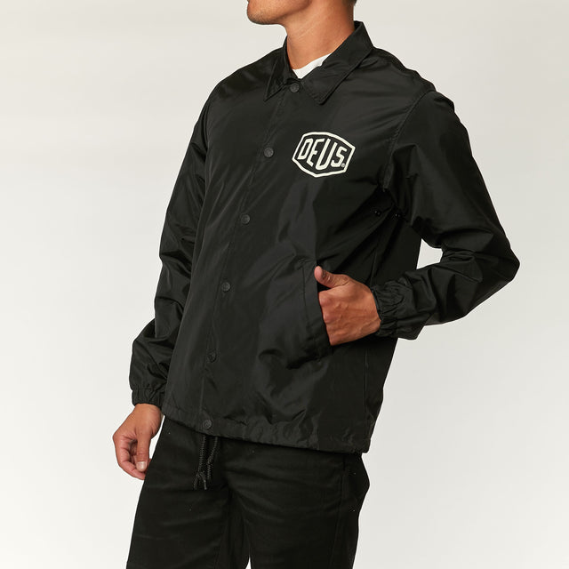 Black regular fit classic  coach jacket with chest and back address print, 100% nylon fabrication