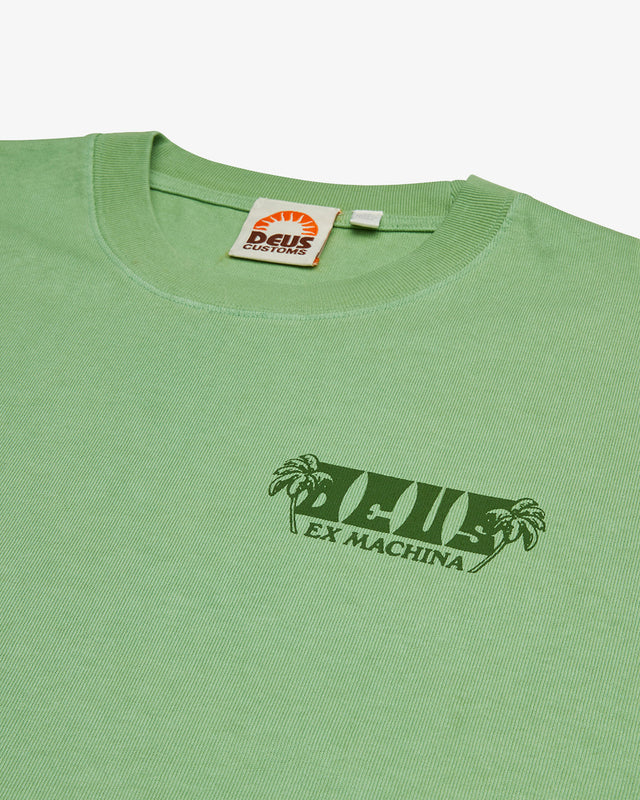 mint green box fit t-shirt with front and back prints, 280gm 100% organic cotton heavy rugby jersey fabrication, garment dyed with heavy a enzyme stone wash