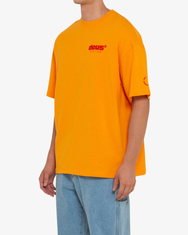 yellow oversized fit t-shirt with chest and back prints, 280gm 100% organic cotton heavy rugby jersey fabrication with a heavy enzyme stone wash