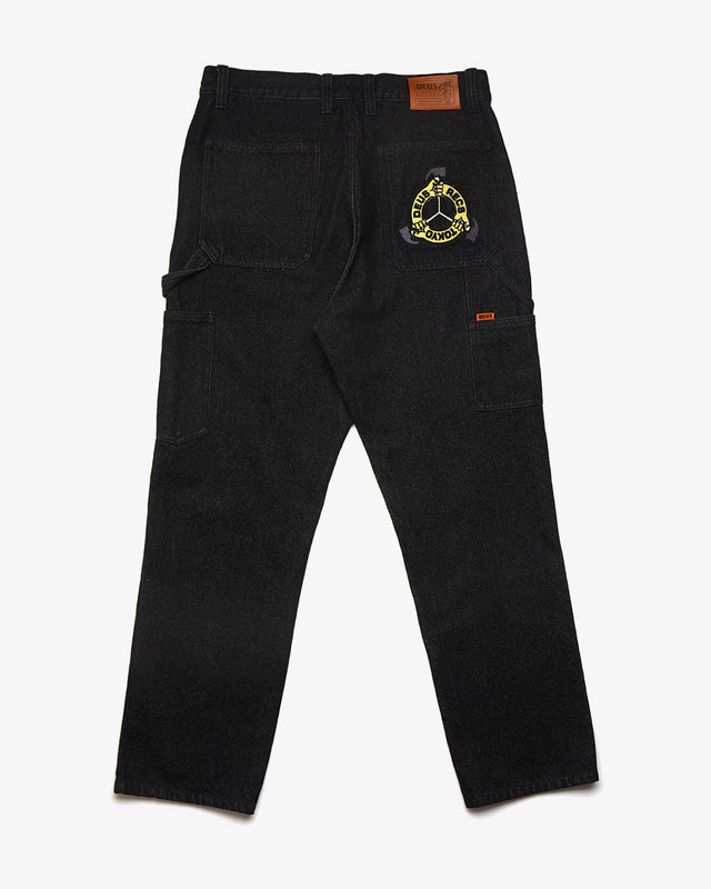 black relaxed fit pant with zip fly and shank button closure, embroidered artwork on back pocket, branded leather patch in a black 100% cotton denim twill fabrication