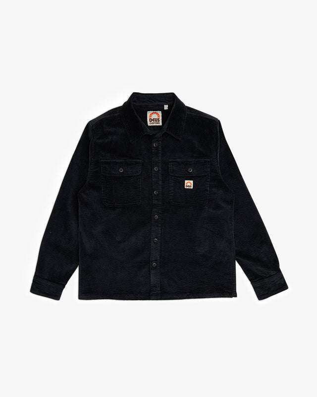 black regular long sleeve shirt with double chest pockets, woven branded label, 98% cotton 2% elastane fabrication with a heavy enzyme stone wash