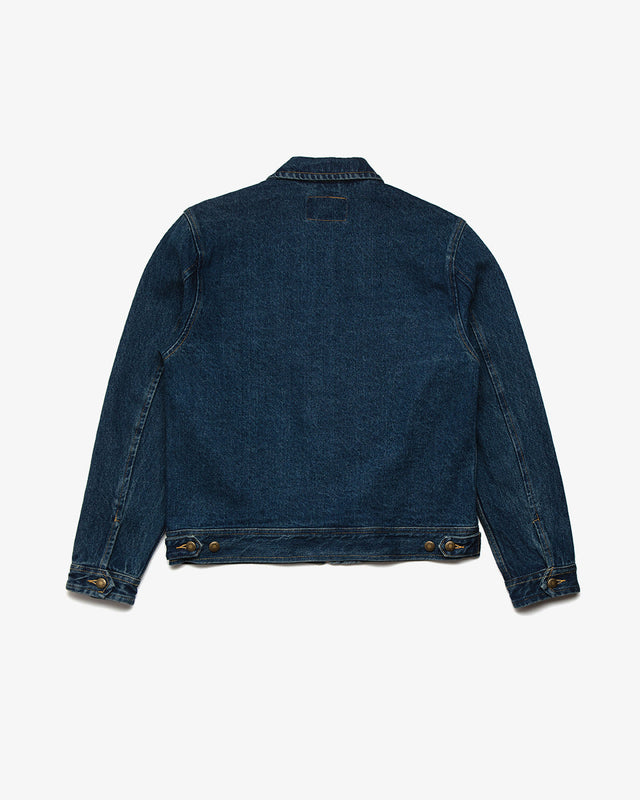 rinse washed blue relaxed fit jacket with oversized chest pockets, woven label, branded shank buttons and front welt pockets in 100% cotton denim twill
