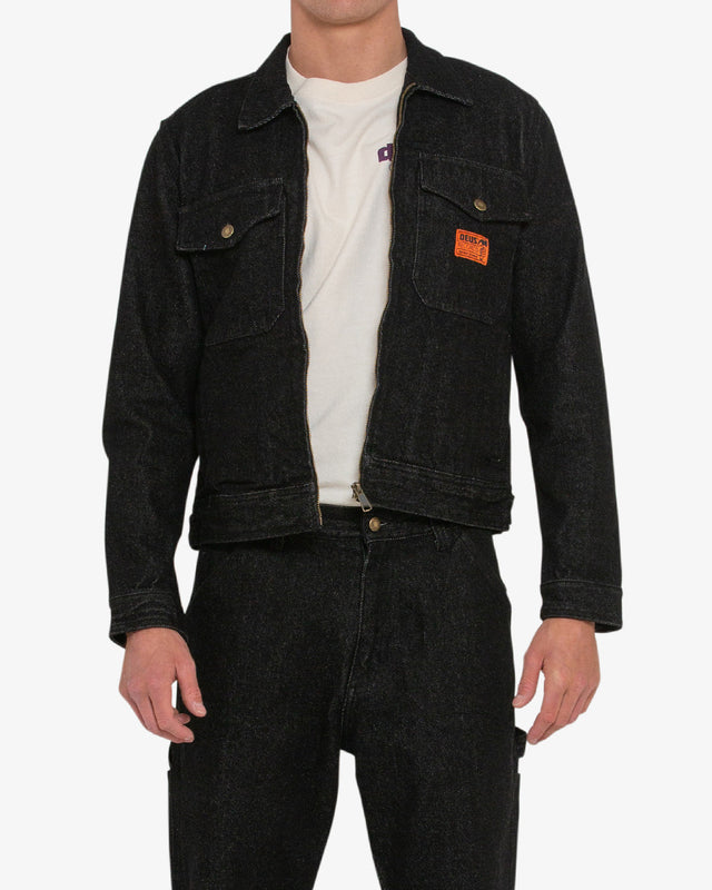 black relaxed fit jacket with black oversized chest pockets, woven label, branded shank buttons and front welt pockets in black 100% cotton denim twill