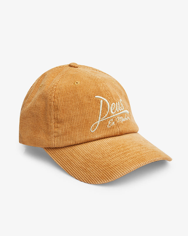 brown classic 6 panel dad cap with front and back embroidered artwork in 100% cotton corduroy fabrication