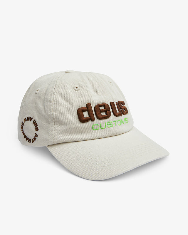 white classic 6 panel dad cap with front, side and back embroidered artwork in 100% cotton twill with a heavy enzyme stone wash