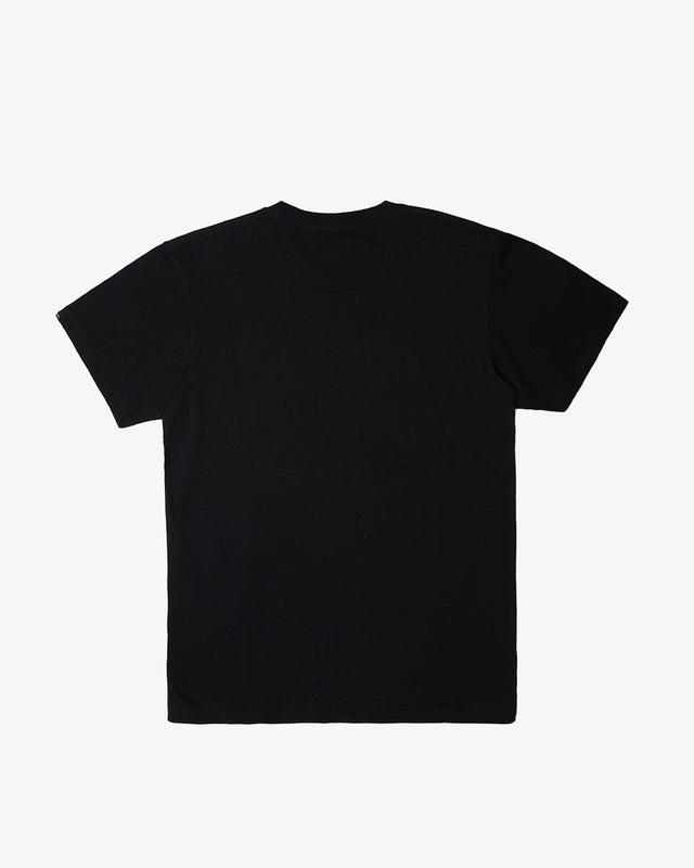 black regular fit t-shirt with chest and back prints, 150gm combed cotton jersey fabrication with a garment wash