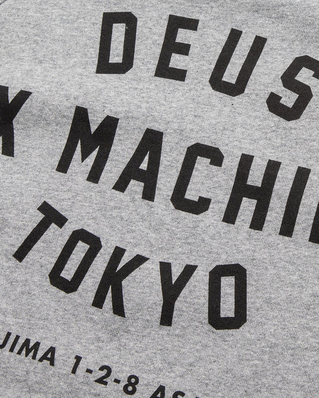 Grey regular fit classic raglan crew with chest art and address back print, 380gm oe 100% cotton brushed back fleece fabrication with a garment wash